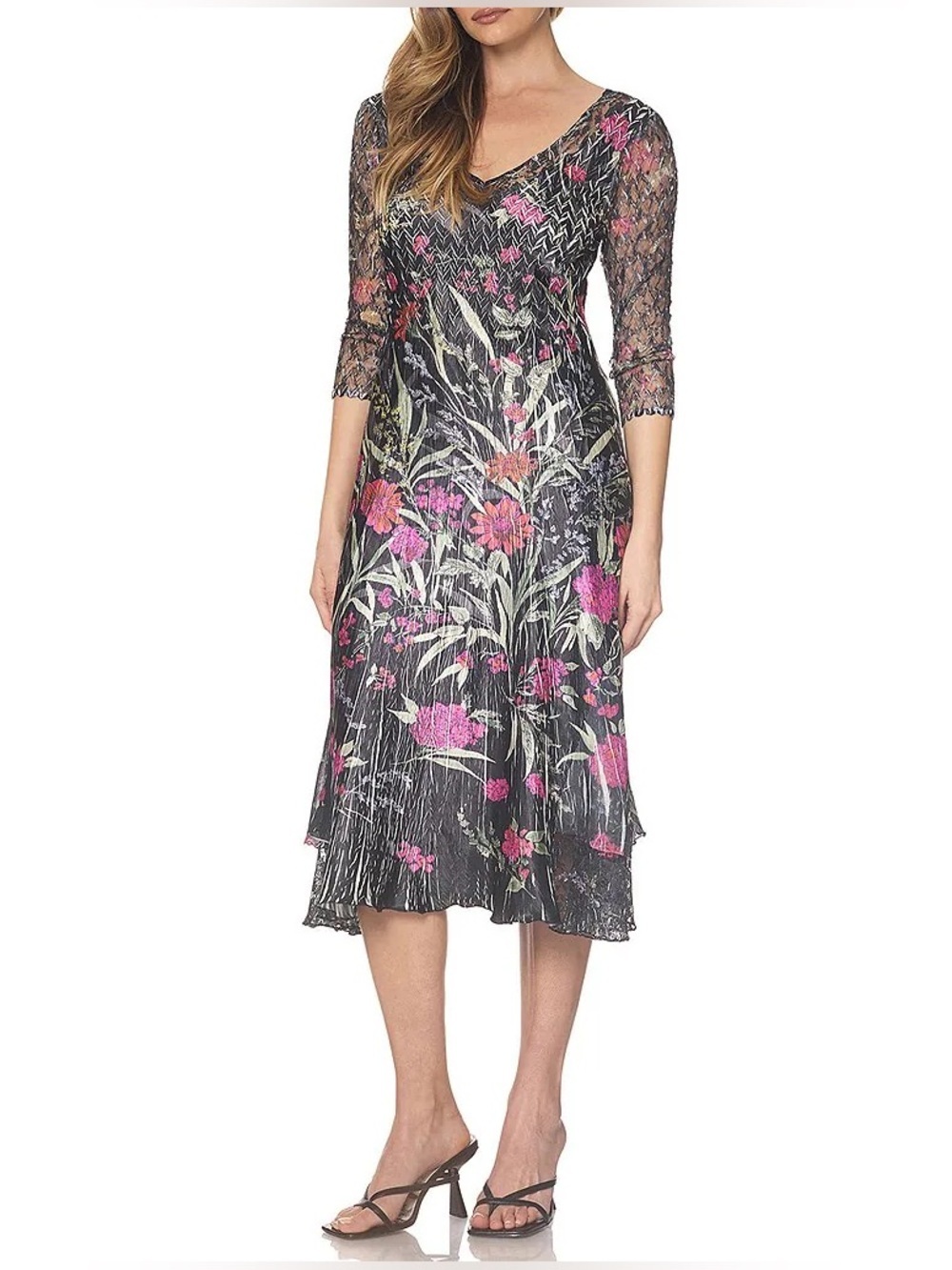 NWT Komarov black floral Lace Tiered Fit & Flare 3/4 Sleeve Midi Dress 
 size L